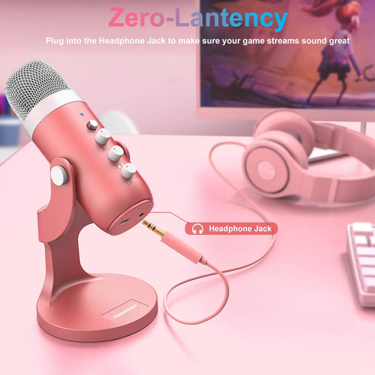 USB Condenser Microphone Pink Studio Recording Mic for PC Mac Computer Phone Gaming Streaming Podcasting Vocals Laptop Desktop